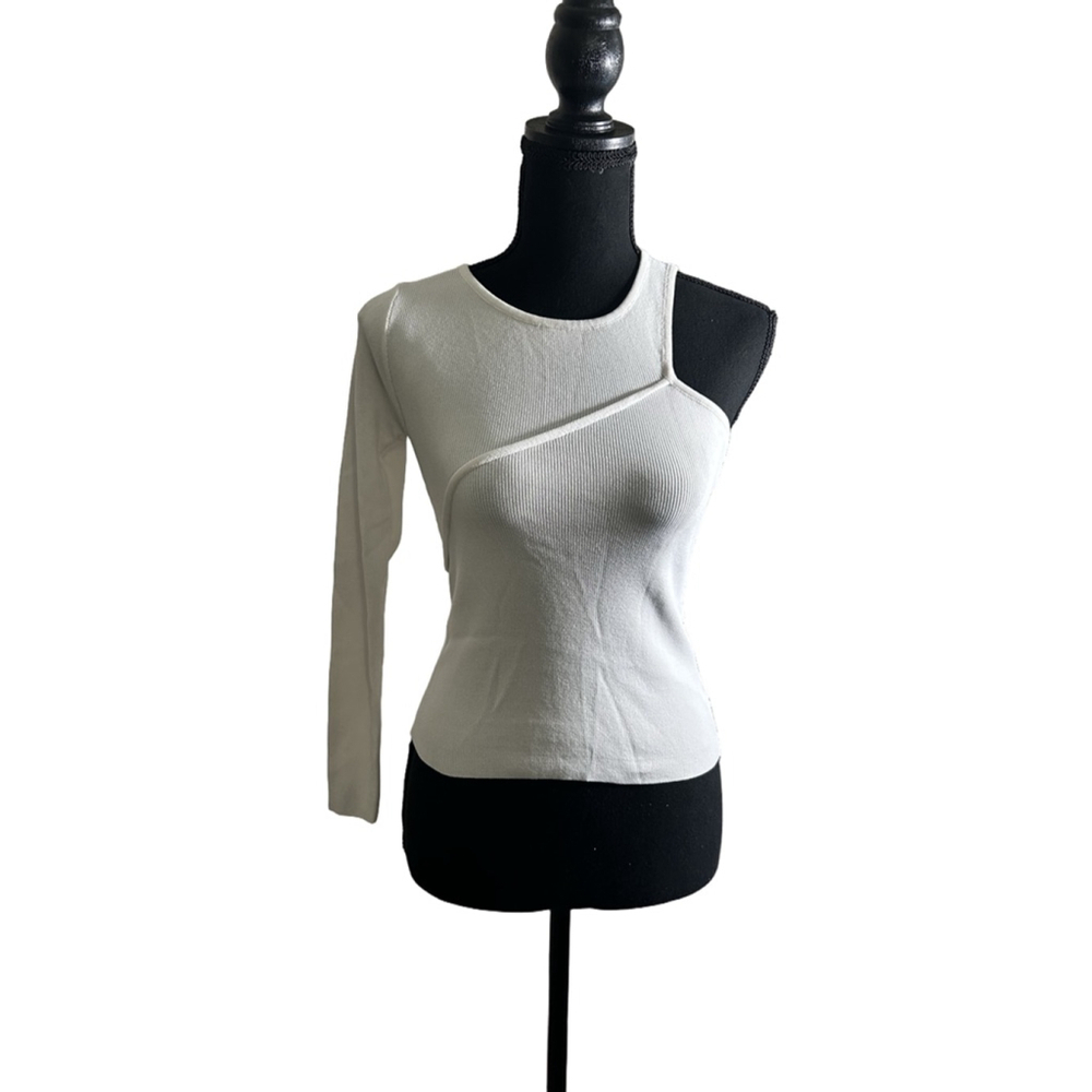 Balboa White Asymmetric One Shoulder Long Sleeve Knit Slim Fit, Size Small